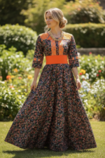 VESTIDO BORDADO CHENTEÑO FLOREADO NARANJA T-M
