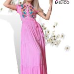 VESTIDO LARGO BORDADO CHENTEÑO ROSA T-CH