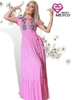 VESTIDO LARGO BORDADO CHENTEÑO ROSA T-CH