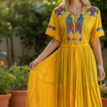 VESTIDO CORTO  BORDADO CHENTEÑO AMARILLO T-M