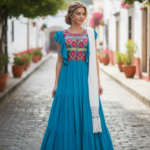 VESTIDO LARGO BORDADO CHENTEÑO AZUL CIELO T-CH/M