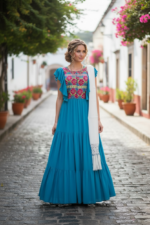 VESTIDO LARGO BORDADO CHENTEÑO AZUL CIELO T-CH/M