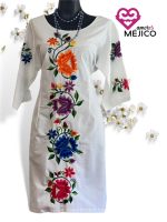 VESTIDO DE LINO BLANCO CON FLORES T-36