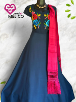 VESTIDO DE LINO AZUL PETROLEO COMBINADO T-36